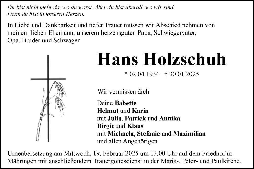  Traueranzeige für Hans Holzschuh vom 08.02.2025 aus SÜDWEST PRESSE Ausgabe Ulm/Neu-Ulm