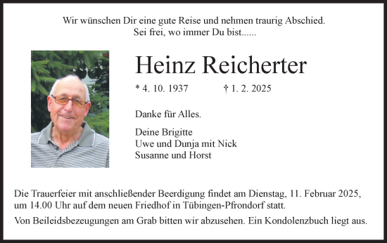 Traueranzeige von Heinz Reicherter von Schwäbische Tagblatt
