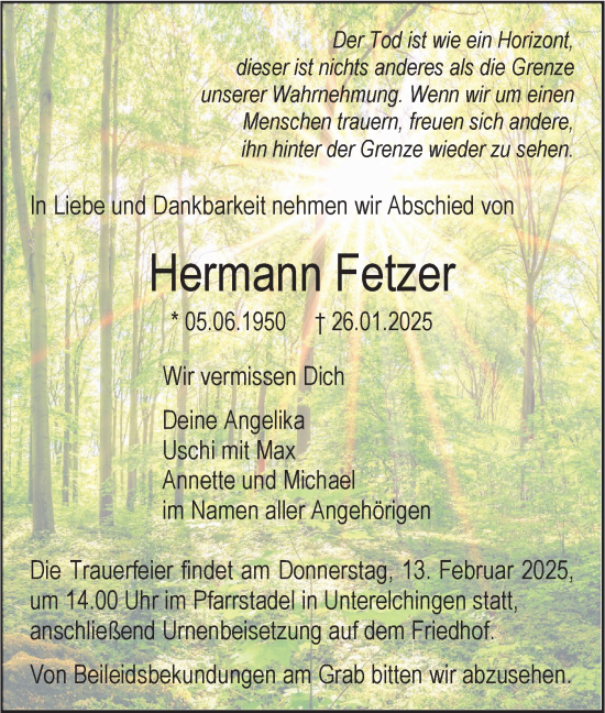Traueranzeige von Hermann Fetzer von SÜDWEST PRESSE Ausgabe Ulm/Neu-Ulm