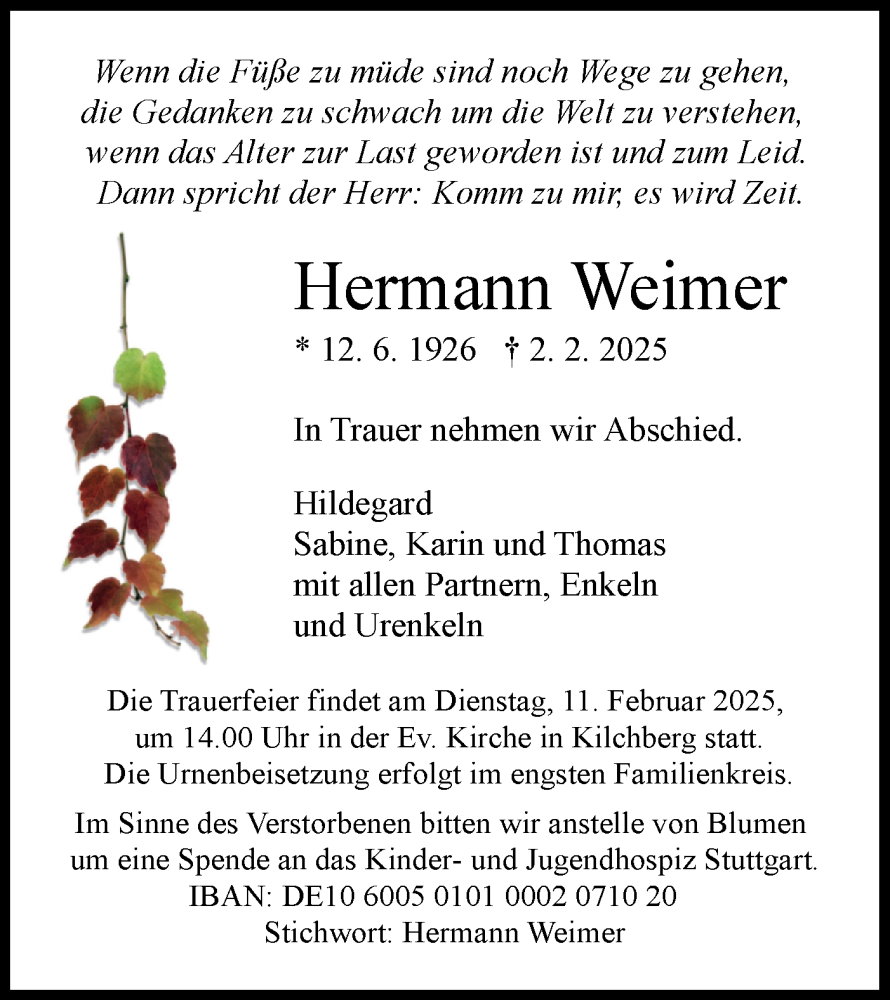  Traueranzeige für Hermann Weimer vom 05.02.2025 aus Schwäbische Tagblatt