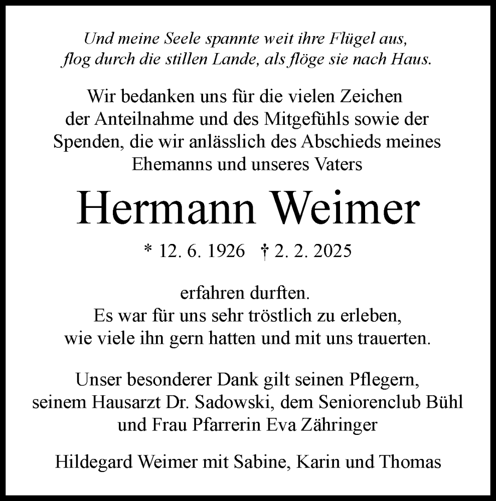  Traueranzeige für Hermann Weimer vom 19.02.2025 aus Schwäbische Tagblatt