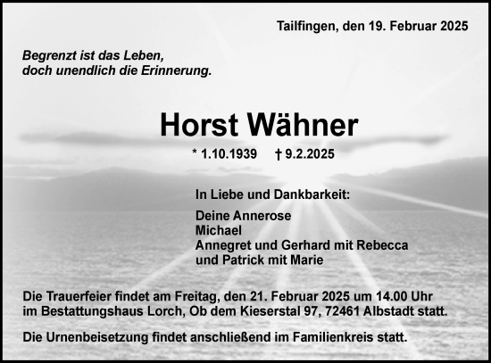Traueranzeige von Horst Wähner von SÜDWEST PRESSE Zollernalbkreis/Hohenzollerische Zeitung