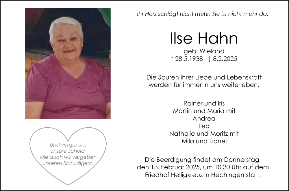  Traueranzeige für Ilse Hahn vom 11.02.2025 aus SÜDWEST PRESSE Zollernalbkreis/Hohenzollerische Zeitung
