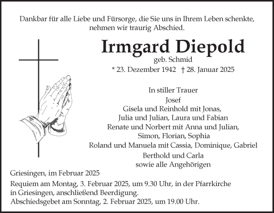 Traueranzeige von Irmgard Diepold von SÜDWEST PRESSE Ausgabe Ulm/Neu-Ulm