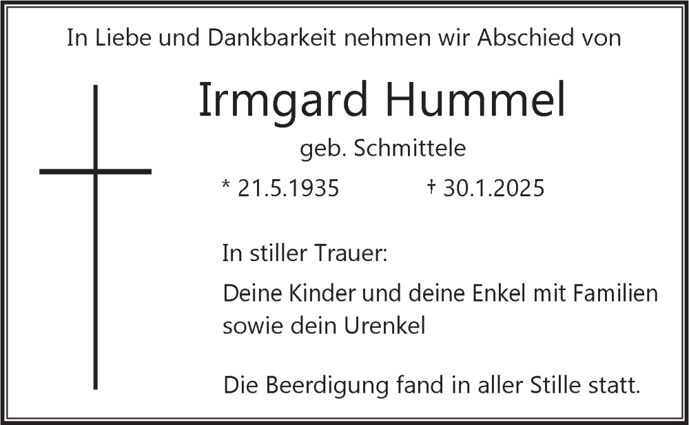  Traueranzeige für Irmgard Hummel vom 15.02.2025 aus SÜDWEST PRESSE Ausgabe Ulm/Neu-Ulm