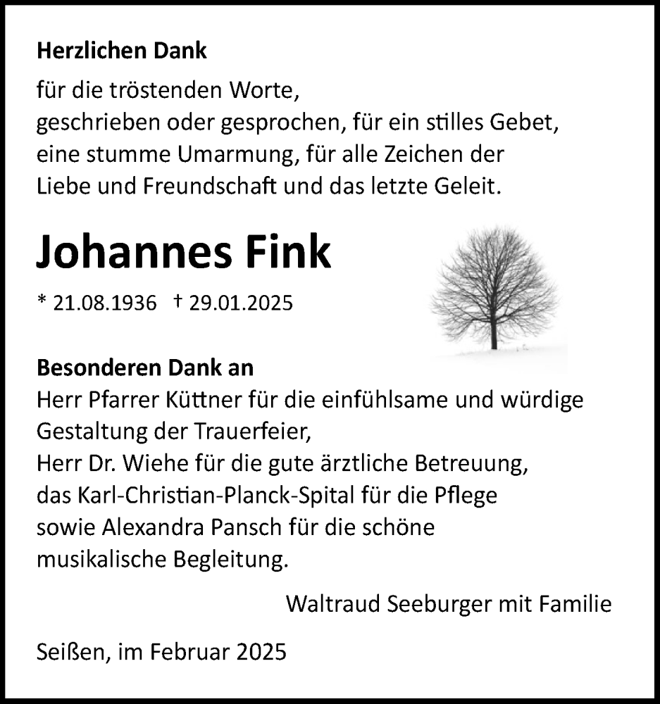  Traueranzeige für Johannes Fink vom 28.02.2025 aus SÜDWEST PRESSE Ausgabe Ulm/Neu-Ulm