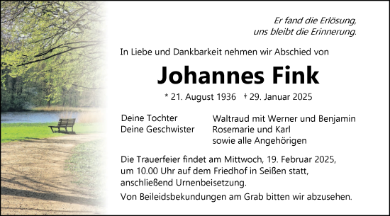Traueranzeige von Johannes Fink von SÜDWEST PRESSE Ausgabe Ulm/Neu-Ulm