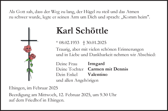 Traueranzeige von Karl Schöttle von Ehinger Tagblatt