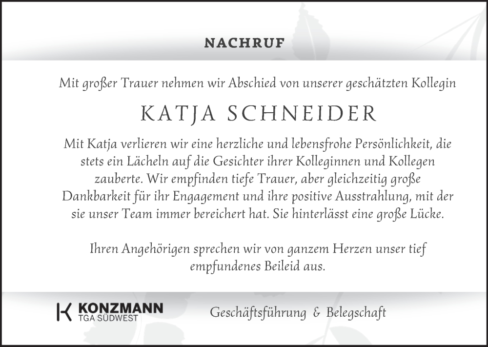 Traueranzeige für Katja Schneider vom 07.02.2025 aus SÜDWEST PRESSE Zollernalbkreis/Hohenzollerische Zeitung