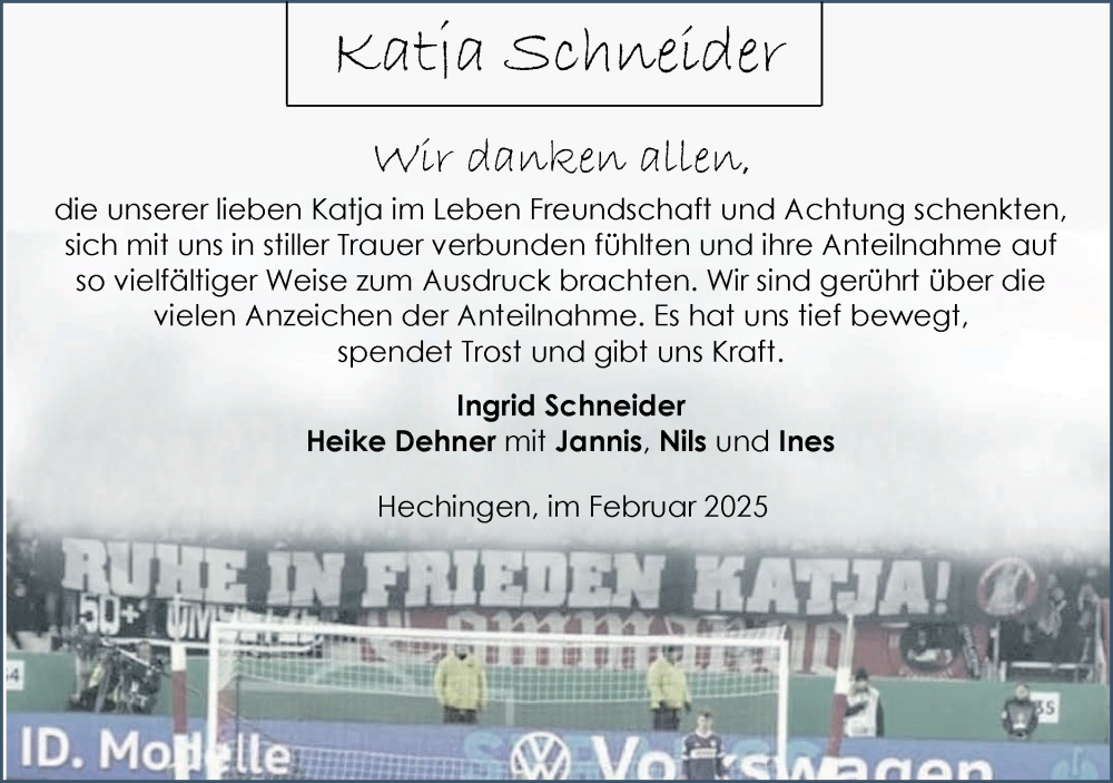  Traueranzeige für Katja Schneider vom 15.02.2025 aus SÜDWEST PRESSE Zollernalbkreis/Hohenzollerische Zeitung