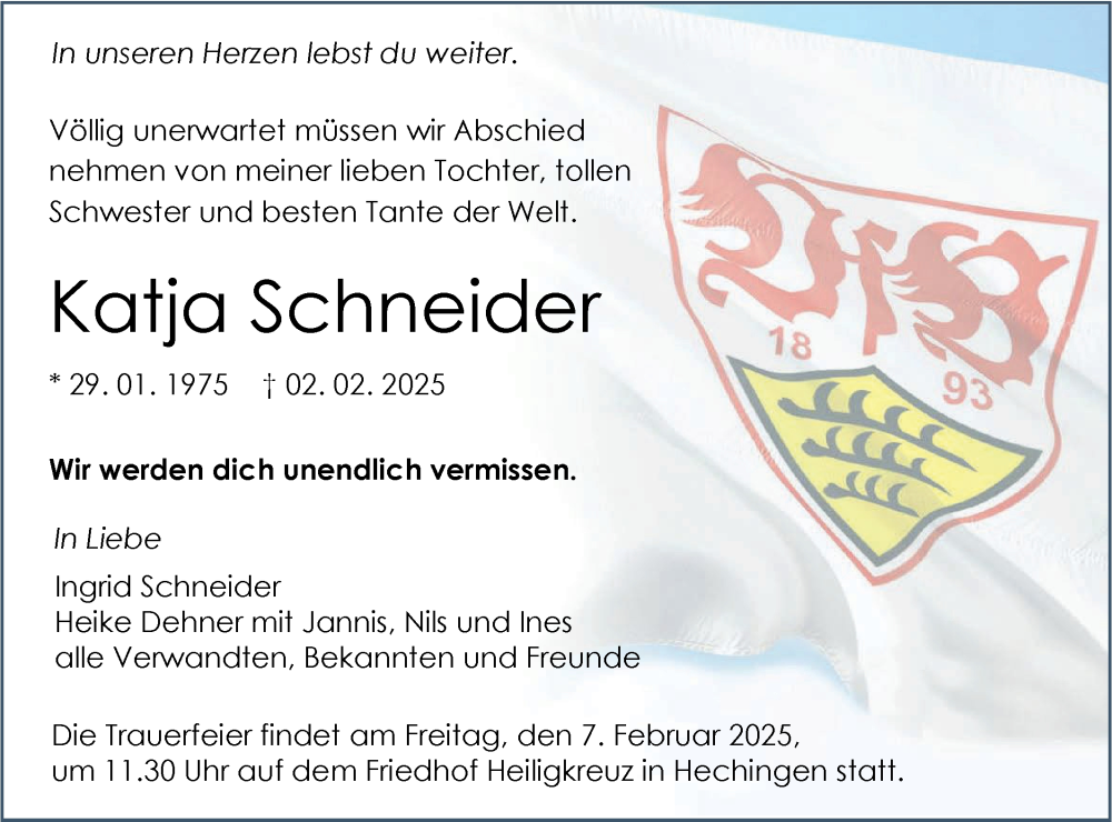  Traueranzeige für Katja Schneider vom 05.02.2025 aus SÜDWEST PRESSE Zollernalbkreis/Hohenzollerische Zeitung