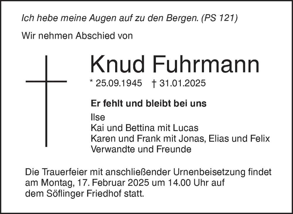  Traueranzeige für Knud Fuhrmann vom 12.02.2025 aus SÜDWEST PRESSE Ausgabe Ulm/Neu-Ulm