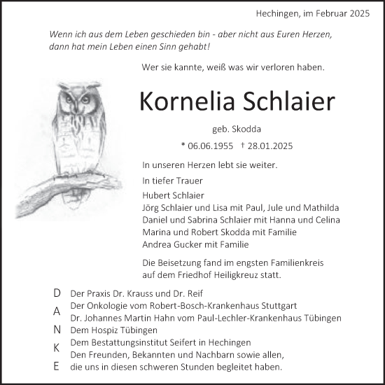Traueranzeige von Kornelia Schlaier von SÜDWEST PRESSE Zollernalbkreis/Hohenzollerische Zeitung
