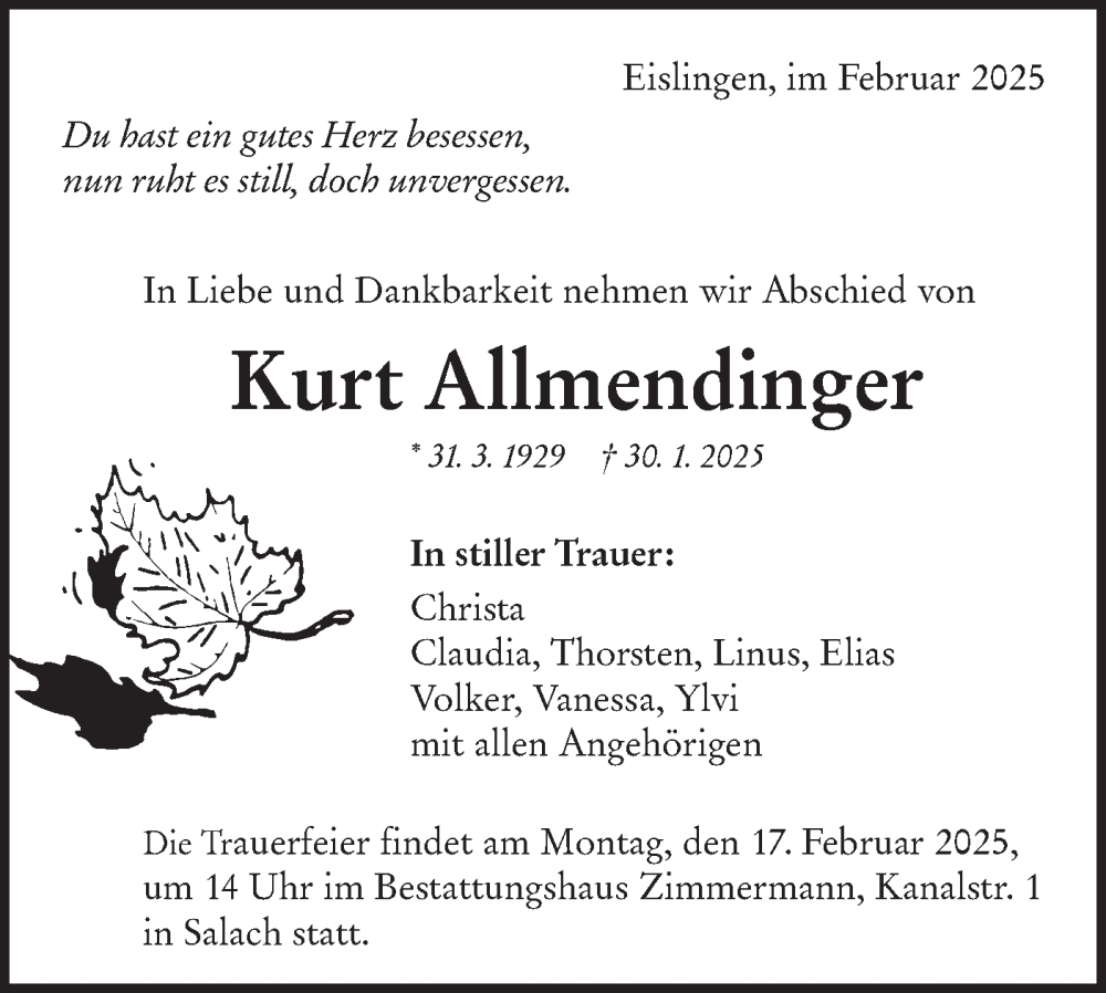  Traueranzeige für Kurt Allmendinger vom 13.02.2025 aus NWZ Neue Württembergische Zeitung