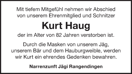 Traueranzeige von Kurt Haug von SÜDWEST PRESSE Zollernalbkreis/Hohenzollerische Zeitung