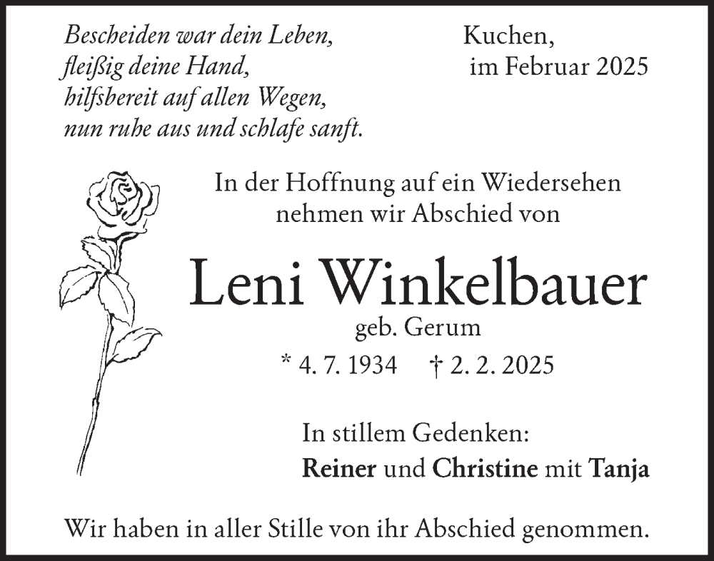  Traueranzeige für Leni Winkelbauer vom 15.02.2025 aus Geislinger Zeitung