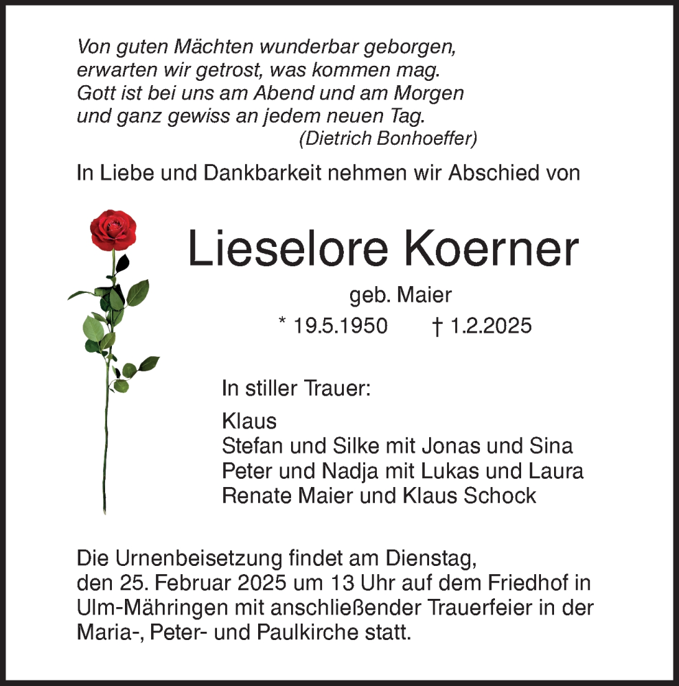  Traueranzeige für Lieselore Koerner vom 15.02.2025 aus SÜDWEST PRESSE Ausgabe Ulm/Neu-Ulm