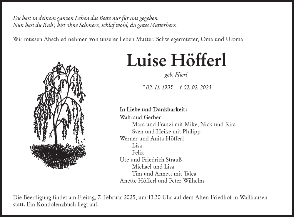  Traueranzeige für Luise Höfferl vom 05.02.2025 aus Hohenloher Tagblatt