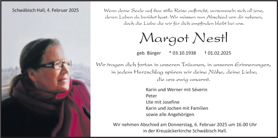 Traueranzeige von Margot Nestl von Haller Tagblatt