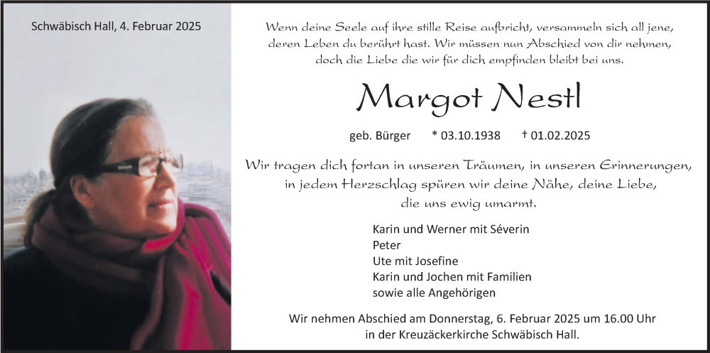  Traueranzeige für Margot Nestl vom 04.02.2025 aus Haller Tagblatt
