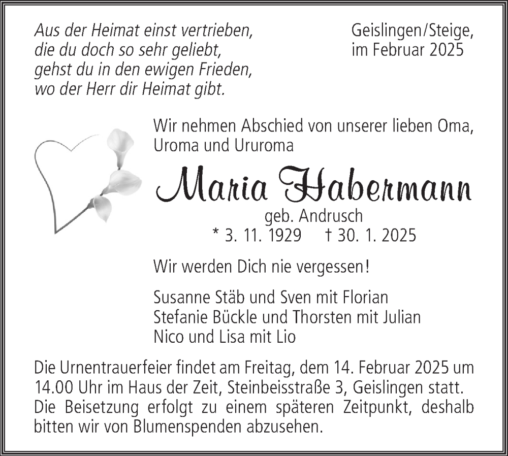  Traueranzeige für Maria Habermann vom 08.02.2025 aus Geislinger Zeitung