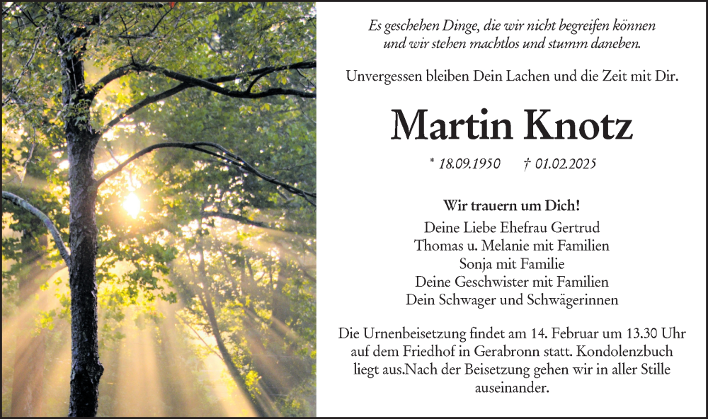  Traueranzeige für Martin Knotz vom 07.02.2025 aus Hohenloher Tagblatt