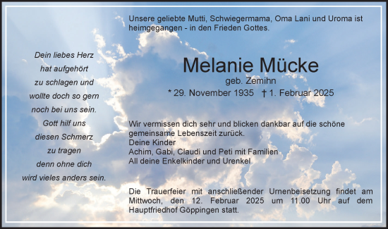 Traueranzeige von Melanie Mücke von NWZ Neue Württembergische Zeitung