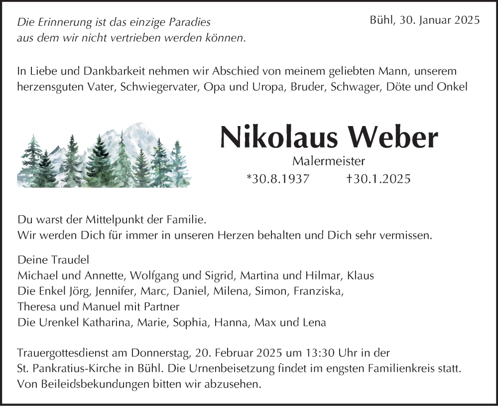  Traueranzeige für Nikolaus Weber vom 07.02.2025 aus Schwäbische Tagblatt