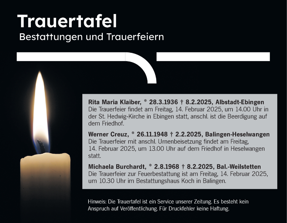  Traueranzeige für Rita Maria Klaiber vom 13.02.2025 aus SÜDWEST PRESSE Zollernalbkreis/Hohenzollerische Zeitung