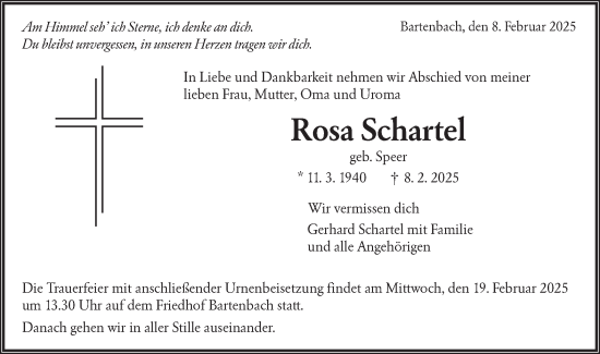 Traueranzeige von Rosa Schartel von NWZ Neue Württembergische Zeitung