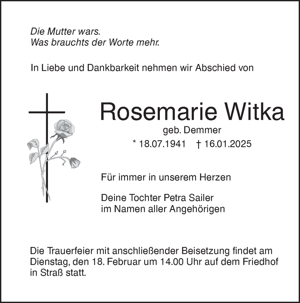  Traueranzeige für Rosemarie Witka vom 15.02.2025 aus SÜDWEST PRESSE Ausgabe Ulm/Neu-Ulm/Neu-Ulmer Zeitung