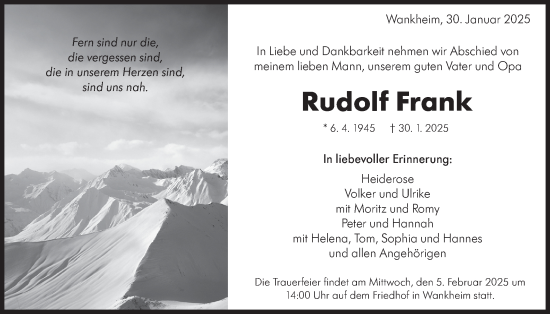 Traueranzeige von Rudolf Frank von Schwäbische Tagblatt