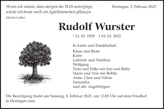 Traueranzeige von Rudolf Wurster von Alb-Bote/Metzinger-Uracher Volksblatt