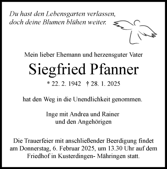 Traueranzeige von Siegfried Pfanner von Schwäbische Tagblatt