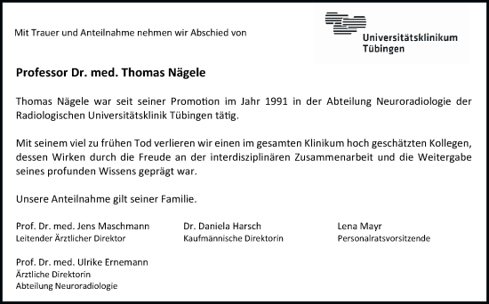 Traueranzeige von Thomas Nägele von Schwäbische Tagblatt