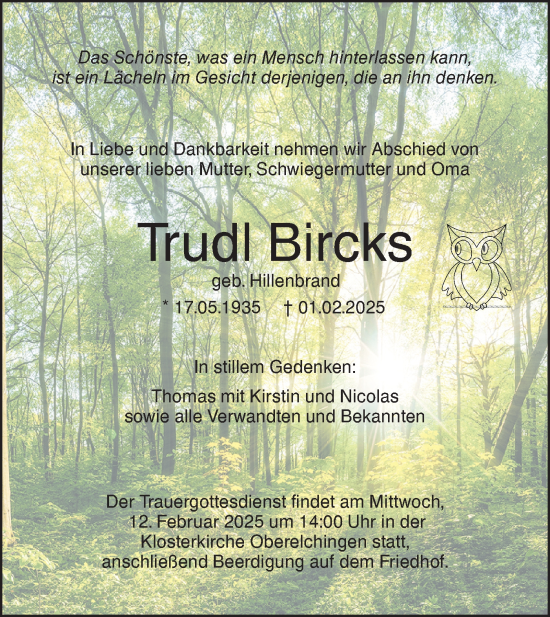 Traueranzeige von Trudl Bircks von SÜDWEST PRESSE Ausgabe Ulm/Neu-Ulm