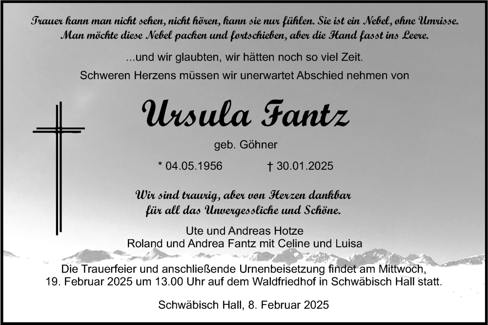  Traueranzeige für Ursula Fantz vom 08.02.2025 aus Haller Tagblatt