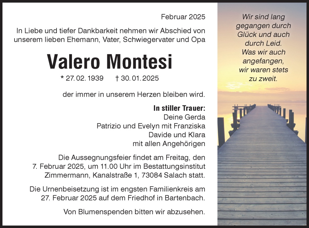  Traueranzeige für Valero Montesi vom 04.02.2025 aus NWZ Neue Württembergische Zeitung