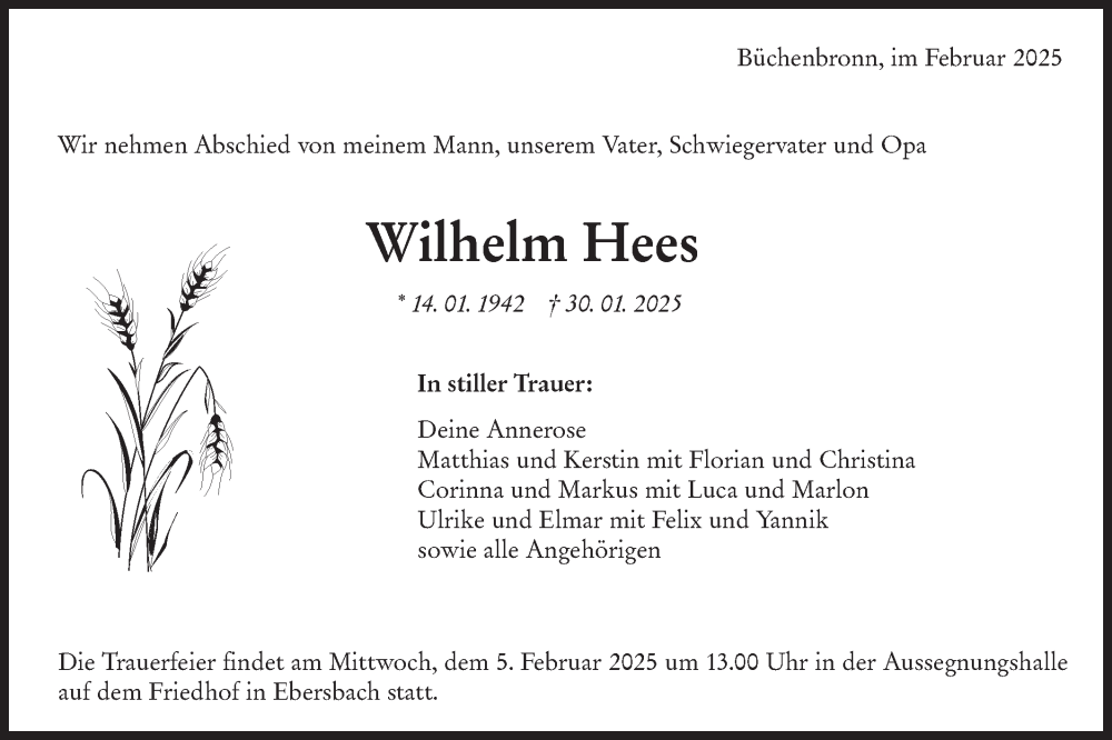  Traueranzeige für Wilhelm Hees vom 01.02.2025 aus NWZ Neue Württembergische Zeitung