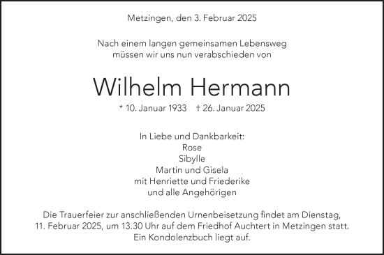 Traueranzeige von Wilhelm Hermann von Alb-Bote/Metzinger-Uracher Volksblatt