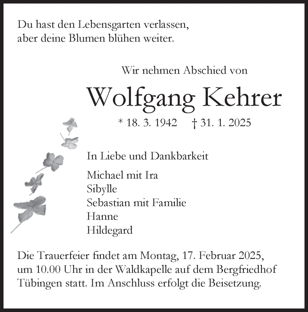  Traueranzeige für Wolfgang Kehrer vom 12.02.2025 aus Schwäbische Tagblatt