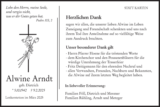Traueranzeige von Alwine Arndt von Hohenloher Tagblatt