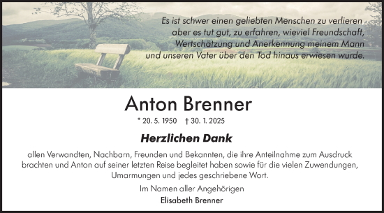 Traueranzeige von Anton Brenner von Hohenloher Tagblatt