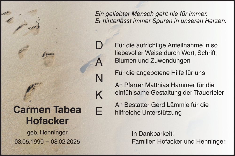  Traueranzeige für Carmen Tabea Hofacker vom 15.03.2025 aus Hohenloher Tagblatt