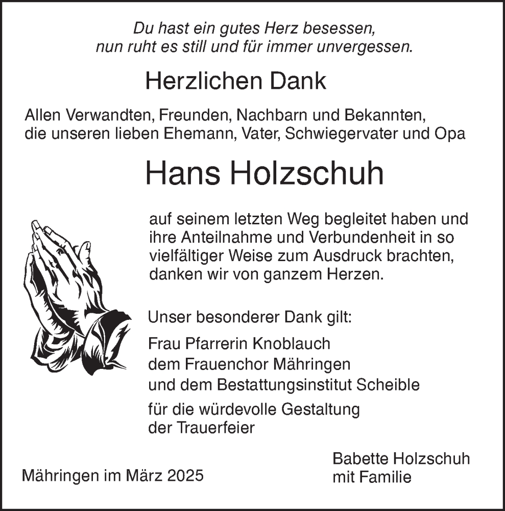  Traueranzeige für Hans Holzschuh vom 08.03.2025 aus SÜDWEST PRESSE Ausgabe Ulm/Neu-Ulm