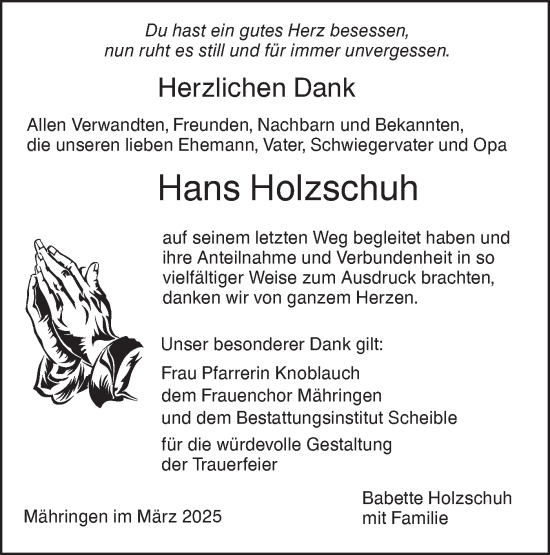 Traueranzeige von Hans Holzschuh von SÜDWEST PRESSE Ausgabe Ulm/Neu-Ulm