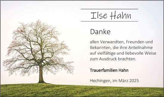 Traueranzeige von Ilse Hahn von SÜDWEST PRESSE Zollernalbkreis/Hohenzollerische Zeitung