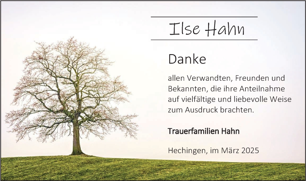  Traueranzeige für Ilse Hahn vom 08.03.2025 aus SÜDWEST PRESSE Zollernalbkreis/Hohenzollerische Zeitung