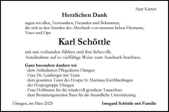 Traueranzeige von Karl Schöttle von Ehinger Tagblatt