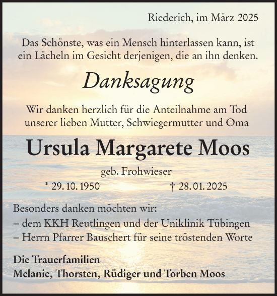 Traueranzeige von Ursula Margarete Moos von Alb-Bote/Metzinger-Uracher Volksblatt